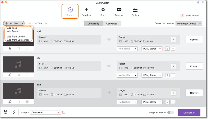 add wav to wondershare converter