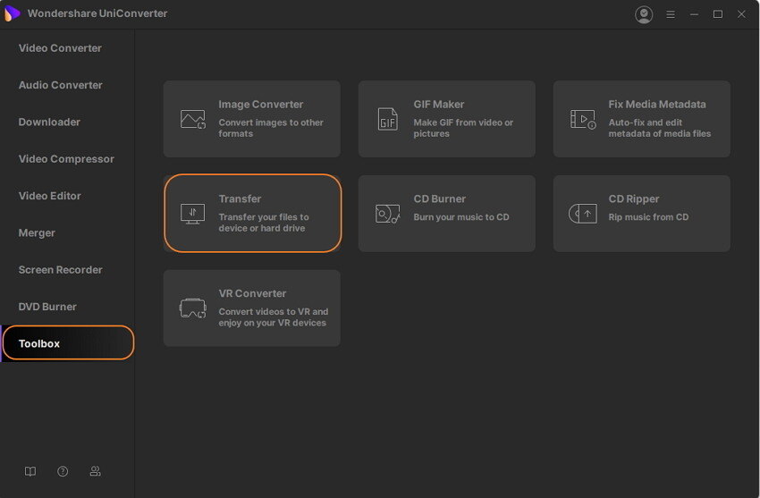 escolha a seção Transferir no uniconverter wonderershare