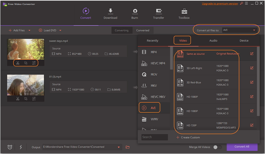 choose AVI as output format