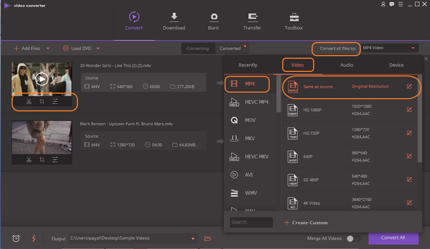  modificare file e scegliere il formato di output MP4