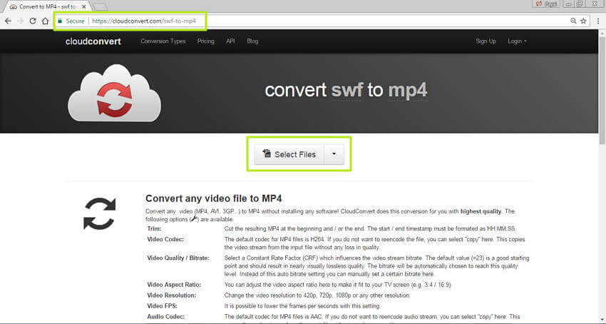 Convertir MP4 a SWF en línea - abrir el sitio web