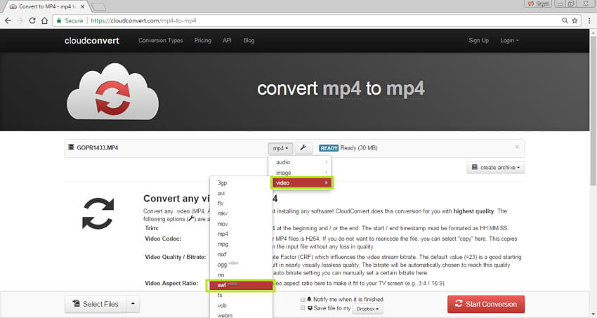 MP4 online naar SWF converteren - Selecteer SWF-format