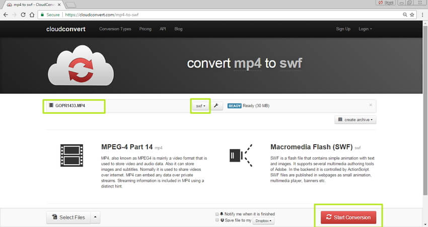 convertir MP4 en SWF en ligne - télécharger le fichier converti