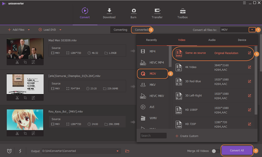 choose output format mov