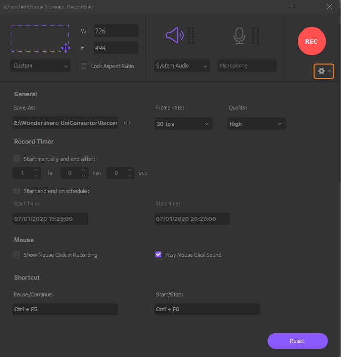 ajustar as configurações de gravação