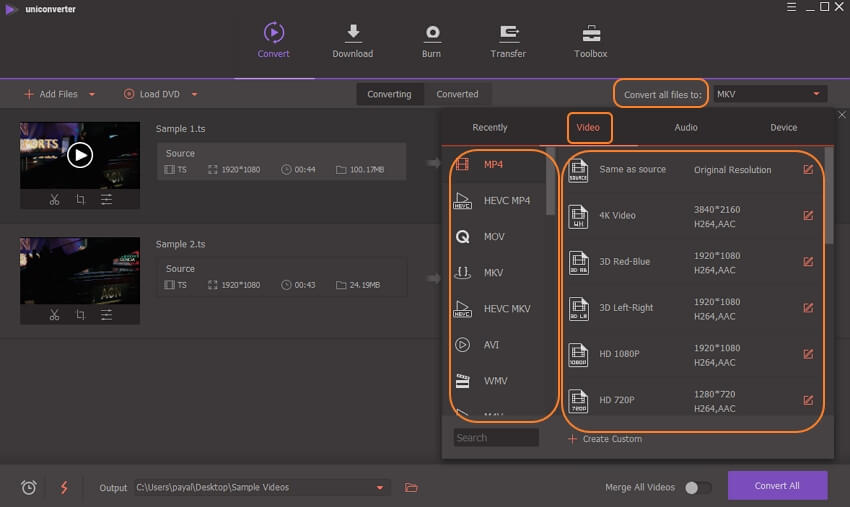 choose output format for TS file