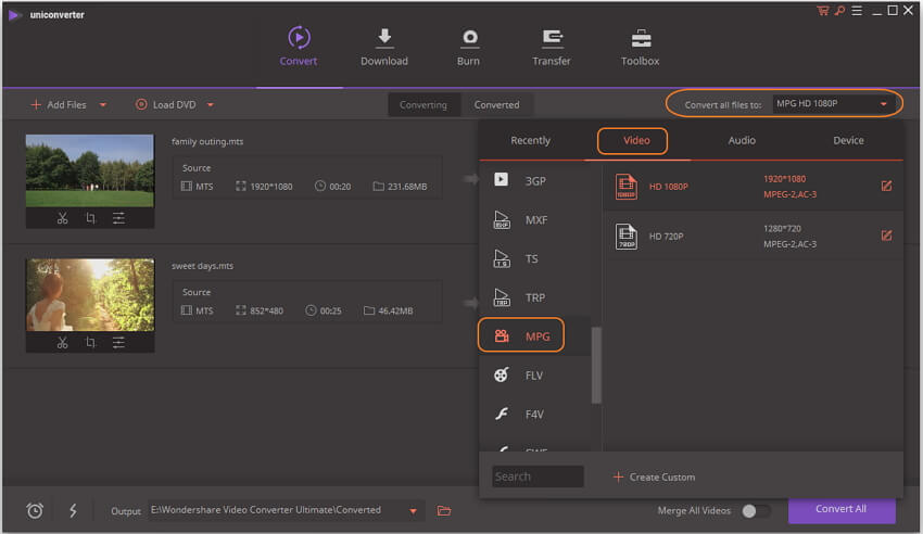 Select the output format as MPG - MTS to MPEG Converter