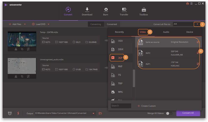 choose output format 3GP