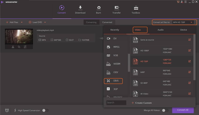 kies output format DivX