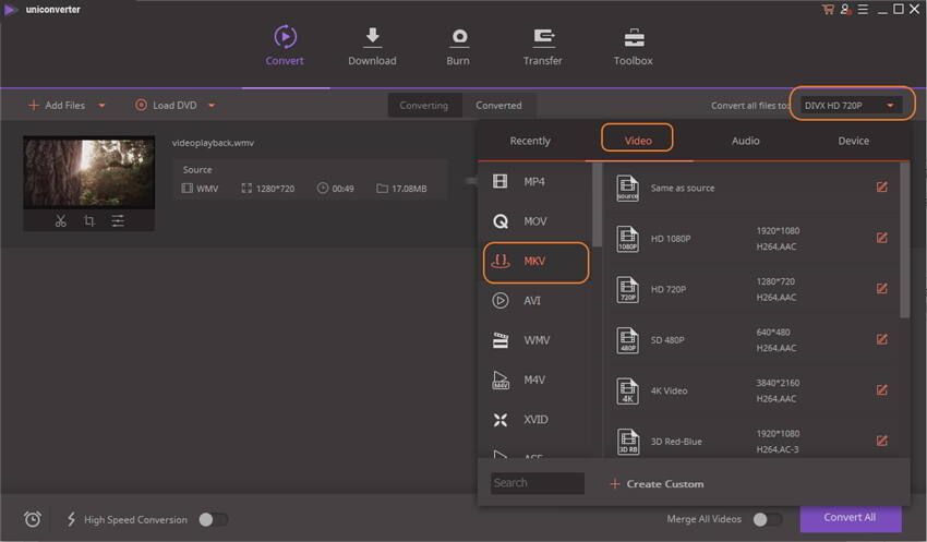 conversion flv vers MKV - choisissez le format de sortie