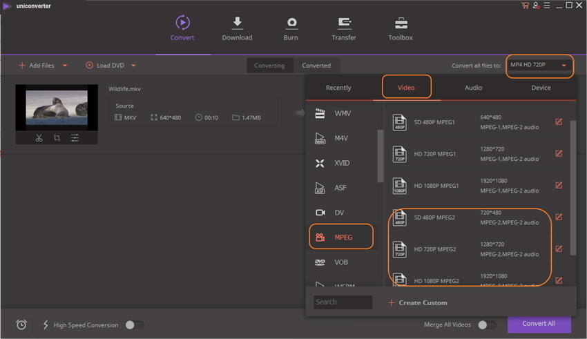 convertir mkv en mpeg 2 - choisir le format