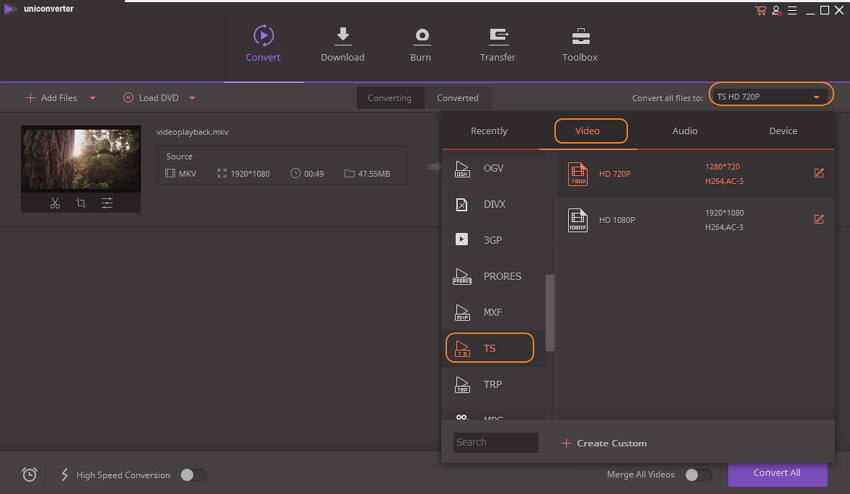 convert mkv to ts - choose format