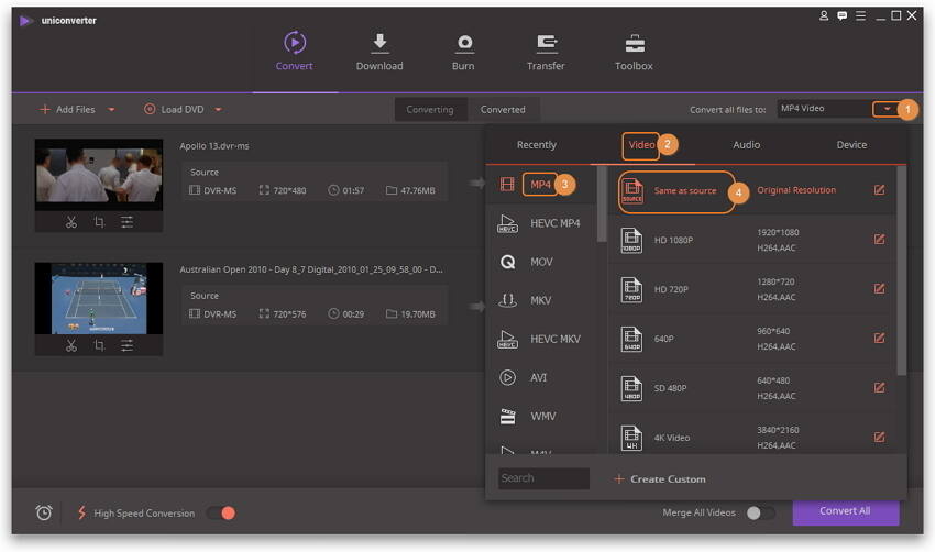 Modifier les fichiers DVR-MS, comme tailler, recadrer, etc.