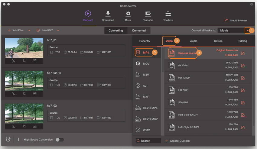 Choose the output format like MP4, MOV