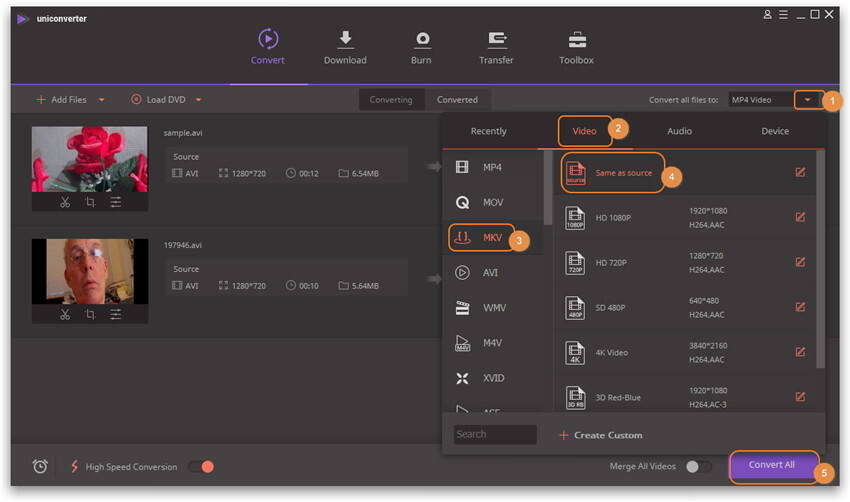 Selecteer Format and Converteer - Converteer AVI naar MKV