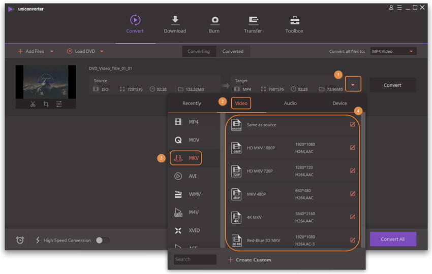 Elija mkv como formato de destino ISO