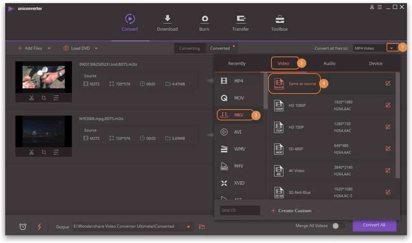 Convertire M2TS in MP4 - Scegliere MP4 come formato di output