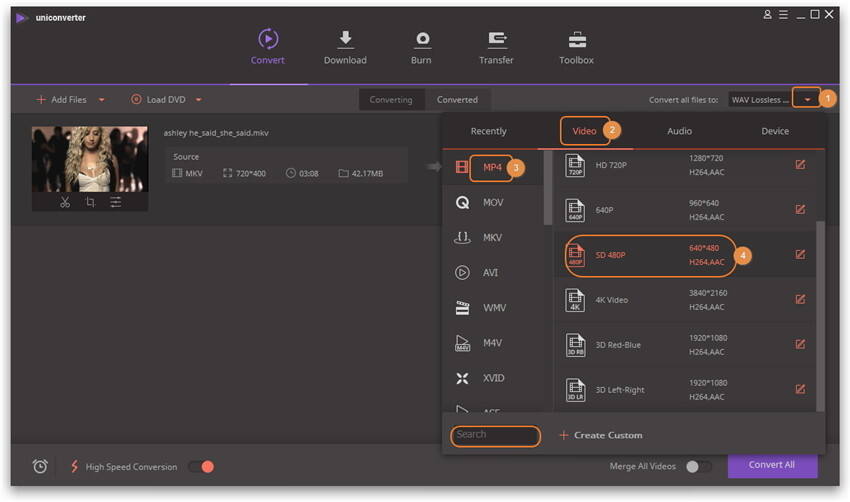 Scegli MP4 come formato di output -  Converti da MKV a MP4 senza alcuna perdita di qualità