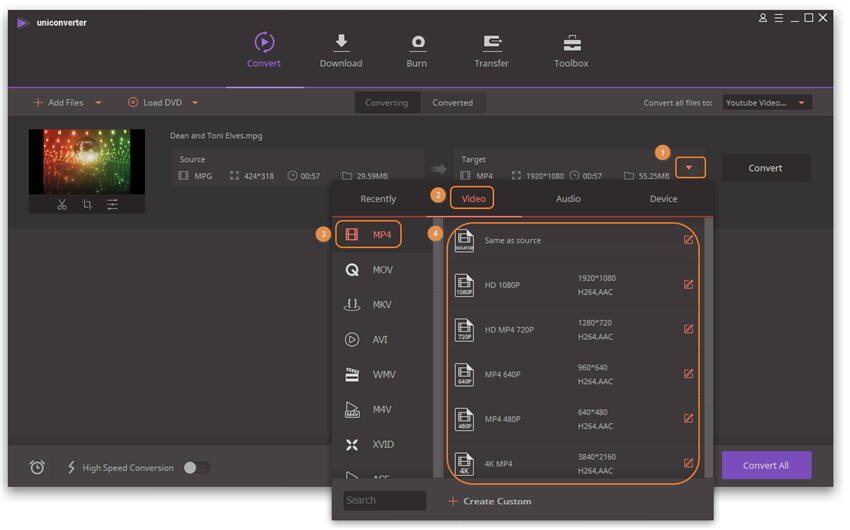 Definir formato de saída como MP4 para mpg para mp4 mac