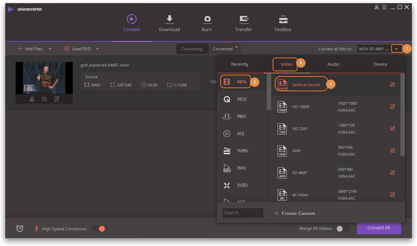 Seleziona MP4 come formato di output