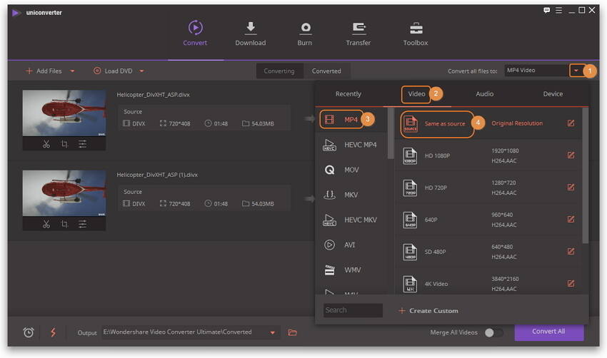 Set the output format as MP4