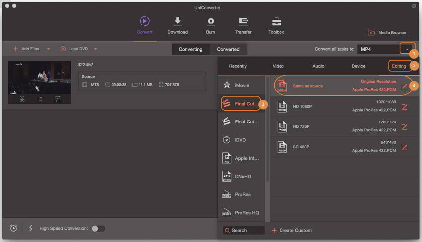 Set the output format - MTS to FCP, M2TS to Final Cut Pro