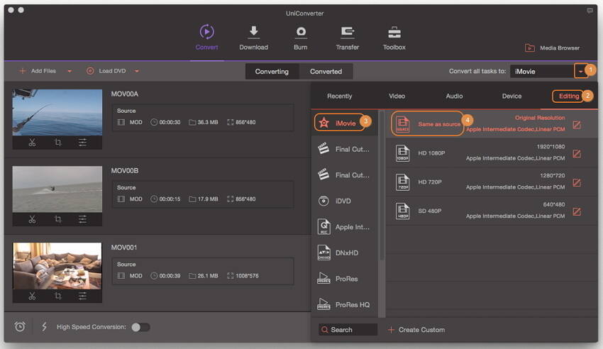 Zielformat auswählen – Mod in iMovie importieren