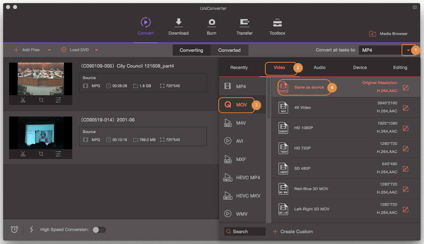 Select the output format as MOV