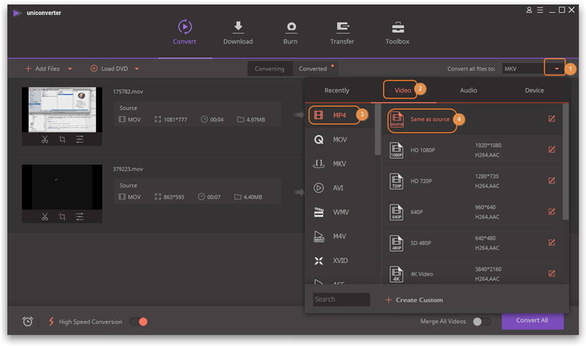 choose output format - Convert MOV to MP4