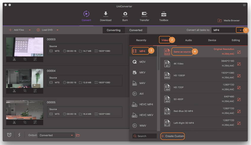 Select the target format MP4 for the AVCHD to MP4 conversion