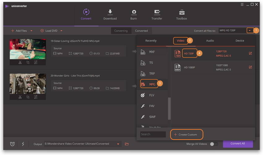 MPG als outputformat selecteren