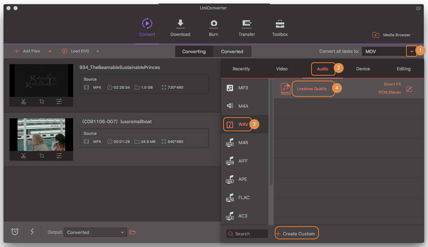 Seleziona WAV come formato di output