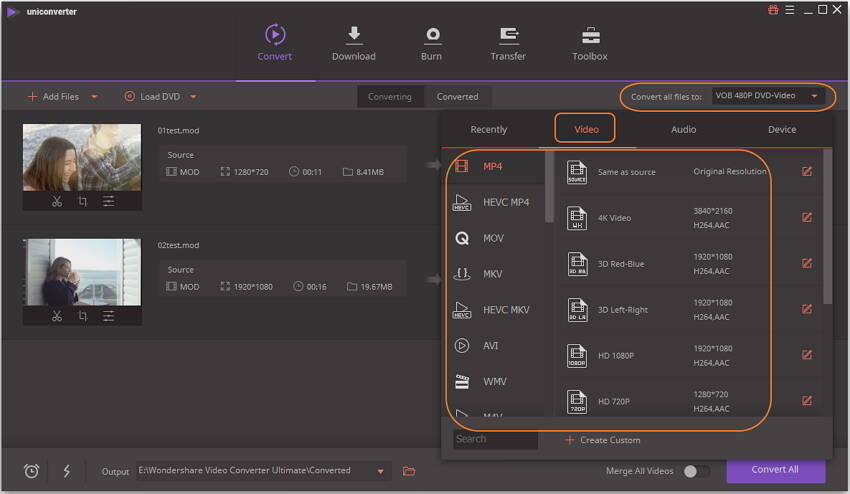 Scegli il formato di output MP4