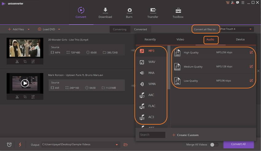 choose output audio format