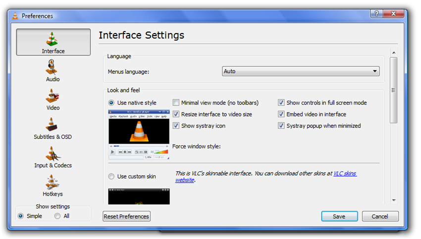 VLC Interface anpassen