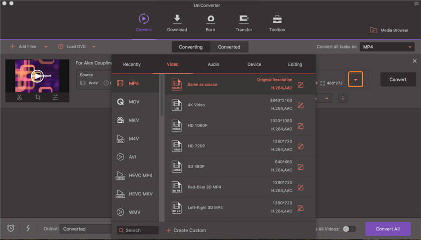 Select MP4 as the output format